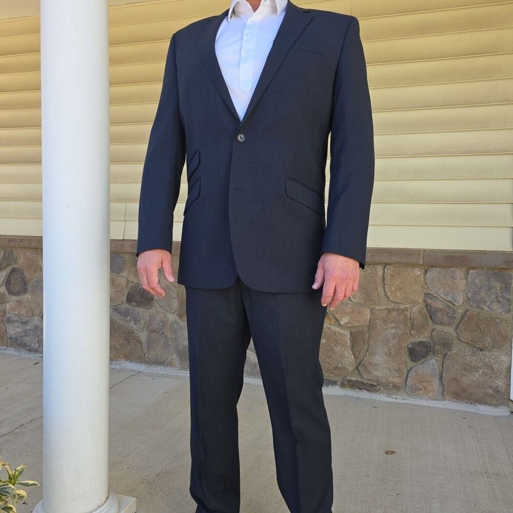 Kenneth Cole Mens 44L Charcoal Gray Wool 2 Piece Suit With Pants 38x31